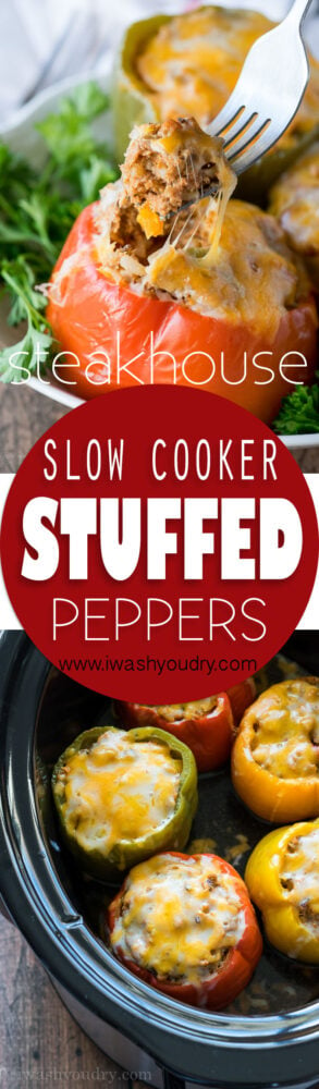 These Slow Cooker Steakhouse Stuffed Peppers are bursting with flavor and only take a few minutes to prep! The perfect easy weeknight dinner recipe!