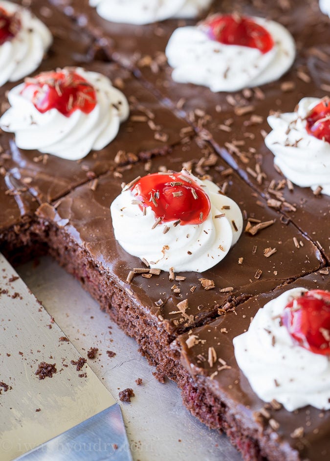 This Black Forest Texas Sheet Cake recipe is seriously so good! I am usually pretty reserved when it comes to cake, but I had to go back for seconds on this one! This one is a keeper!