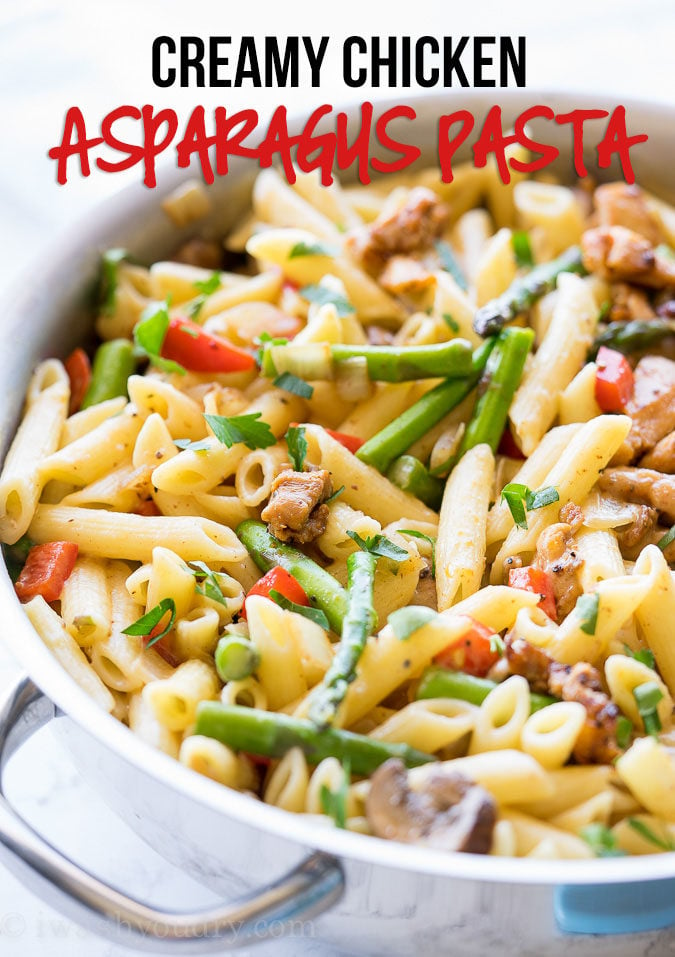 This Creamy Chicken Asparagus Penne Pasta is filled with fresh veggies and tender pasta in a light and creamy sauce! Another easy weeknight dinner recipe!