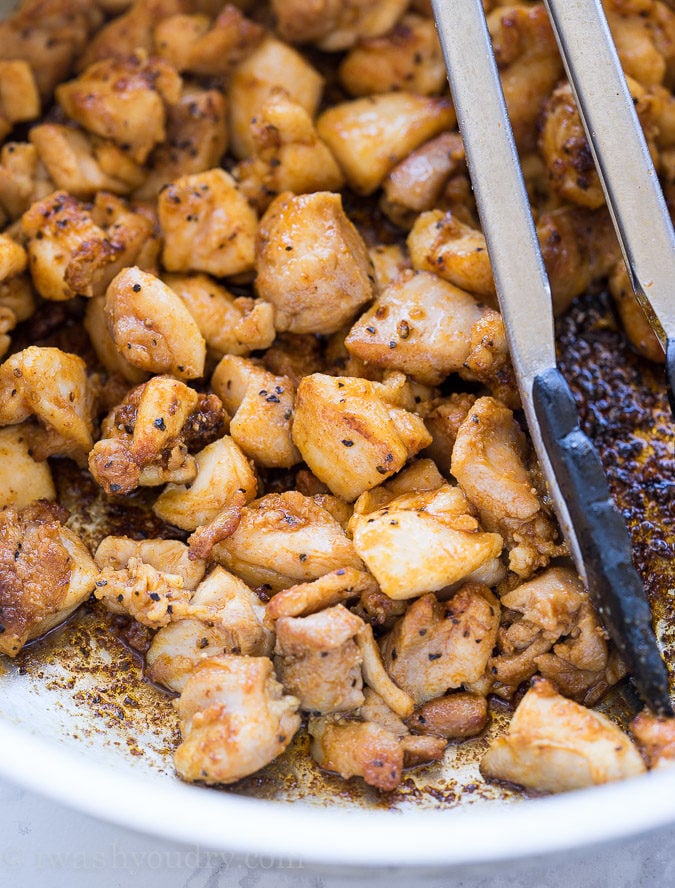 diced chicken in skillet