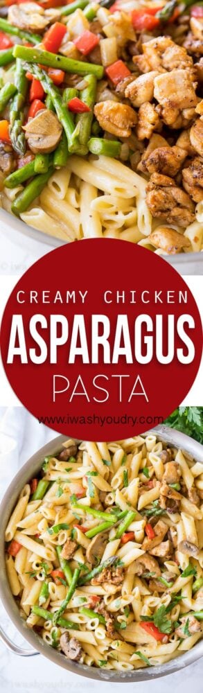 This Creamy Chicken Asparagus Penne Pasta is filled with fresh veggies and tender pasta in a light and creamy sauce! Another easy weeknight dinner recipe!