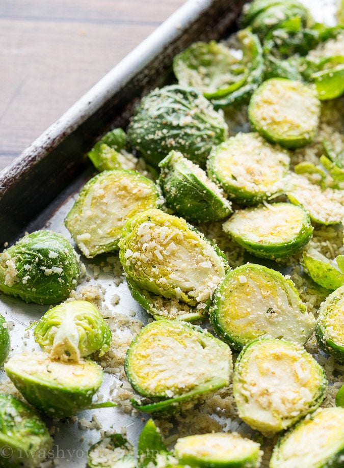 Parmesan coated Brussels Sprouts on pan