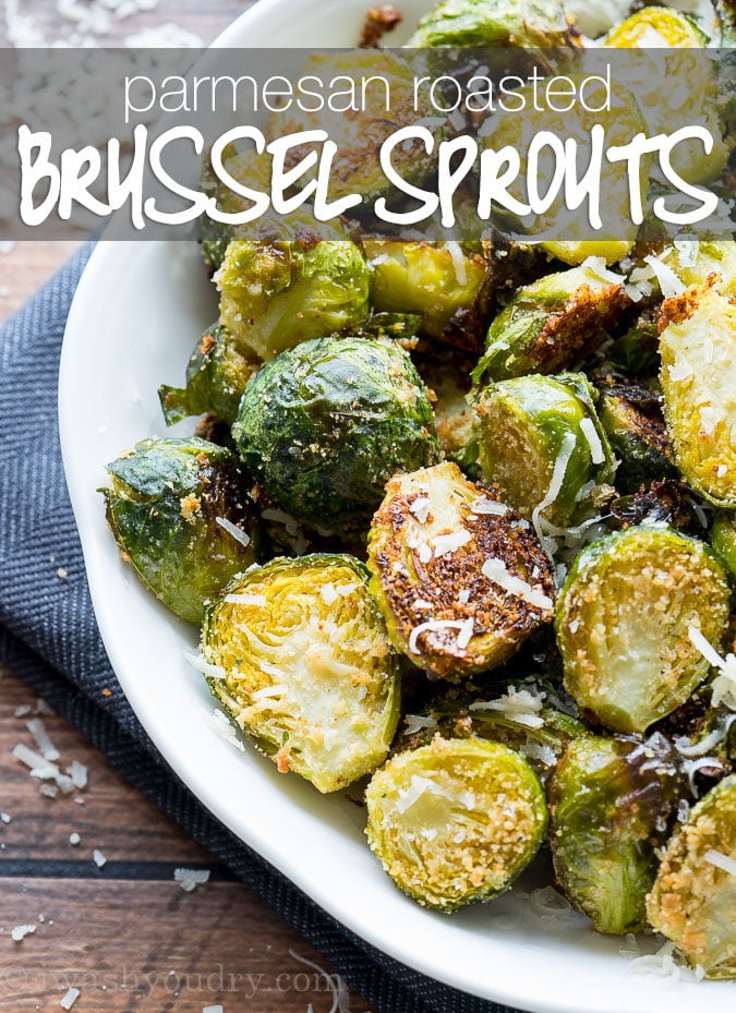 parmesan roasted brussels sprouts in white bowl