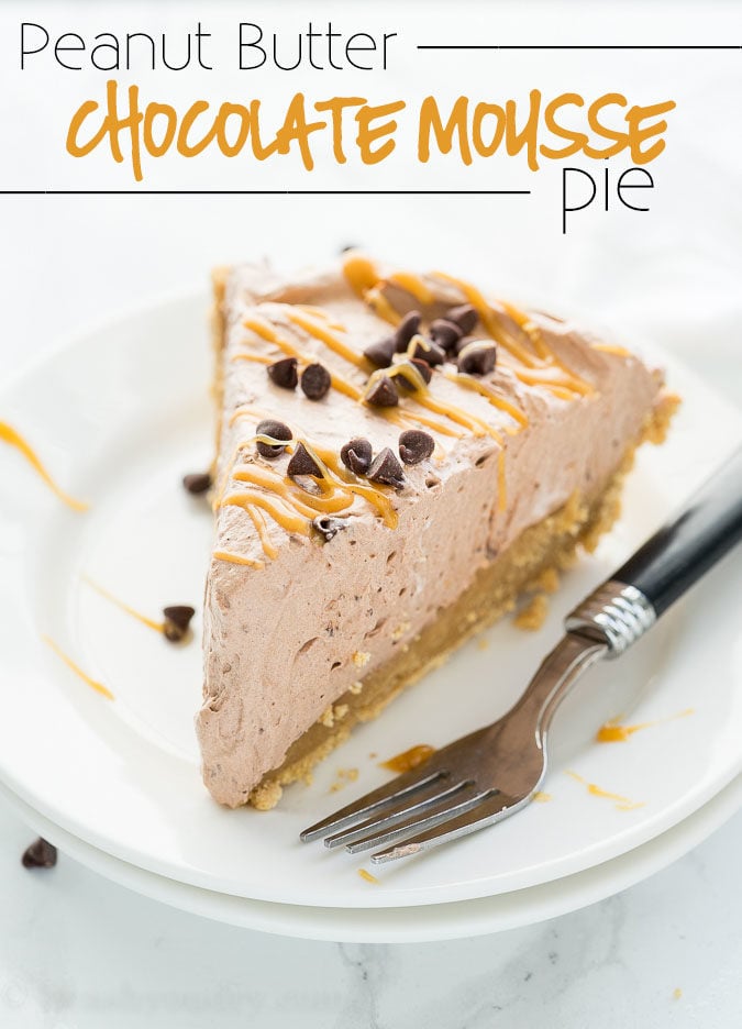 This Peanut Butter Chocolate Mousse Pie is a super simple dessert that comes together in minutes! We love the thick peanut butter ganache on the bottom combined with the light and fluffy chocolate mousse on top! Perfect combination. 