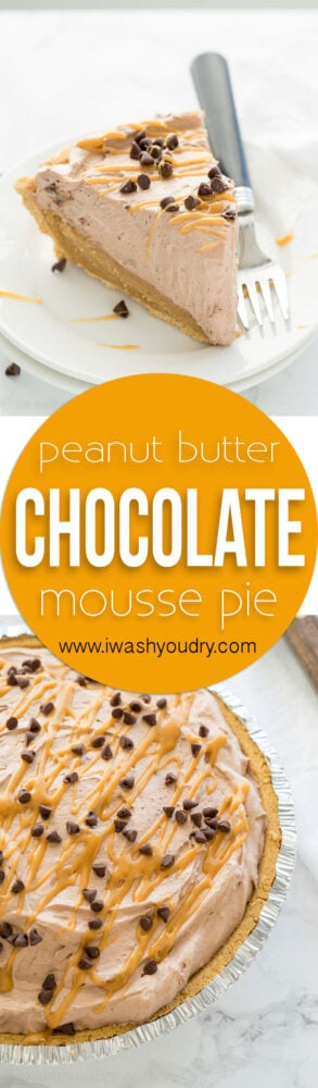 This Peanut Butter Chocolate Mousse Pie is a super simple dessert that comes together in minutes! We love the thick peanut butter ganache on the bottom combined with the light and fluffy chocolate mousse on top! Perfect combination.