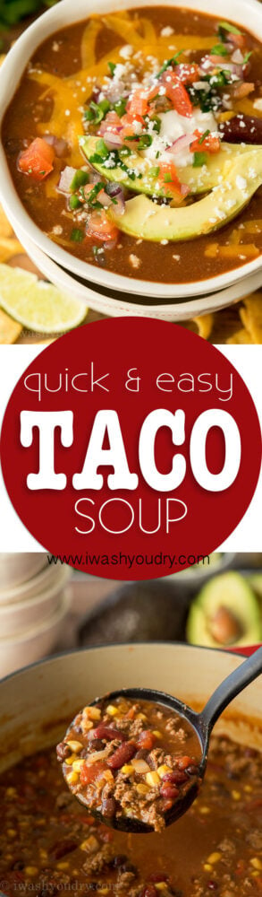 This Quick and Easy Taco Soup recipe is a family favorite! We love topping it with all the taco toppings!