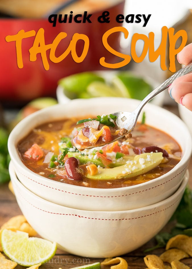 This Quick and Easy Taco Soup recipe is a family favorite! We love topping it with all the taco toppings!