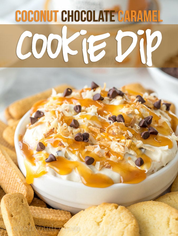 OH MY GOSH!! This Coconut Chocolate Caramel Cookie Dip is SO GOOD with graham cracker sticks! The Yoplait Custard yogurt in the dip really makes this recipe amazing!