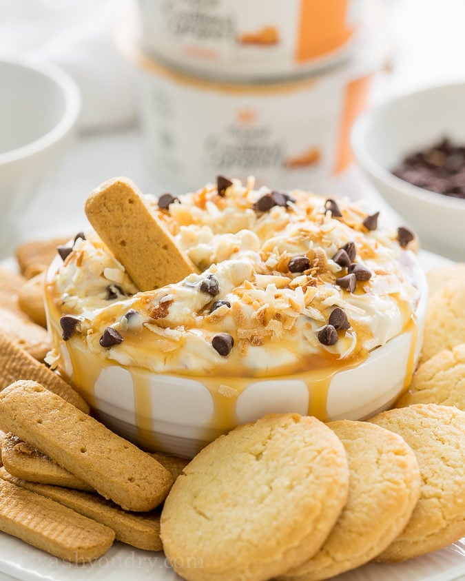 OH MY GOSH!! This Coconut Chocolate Caramel Cookie Dip is SO GOOD with graham cracker sticks! The Yoplait Custard yogurt in the dip really makes this recipe amazing!