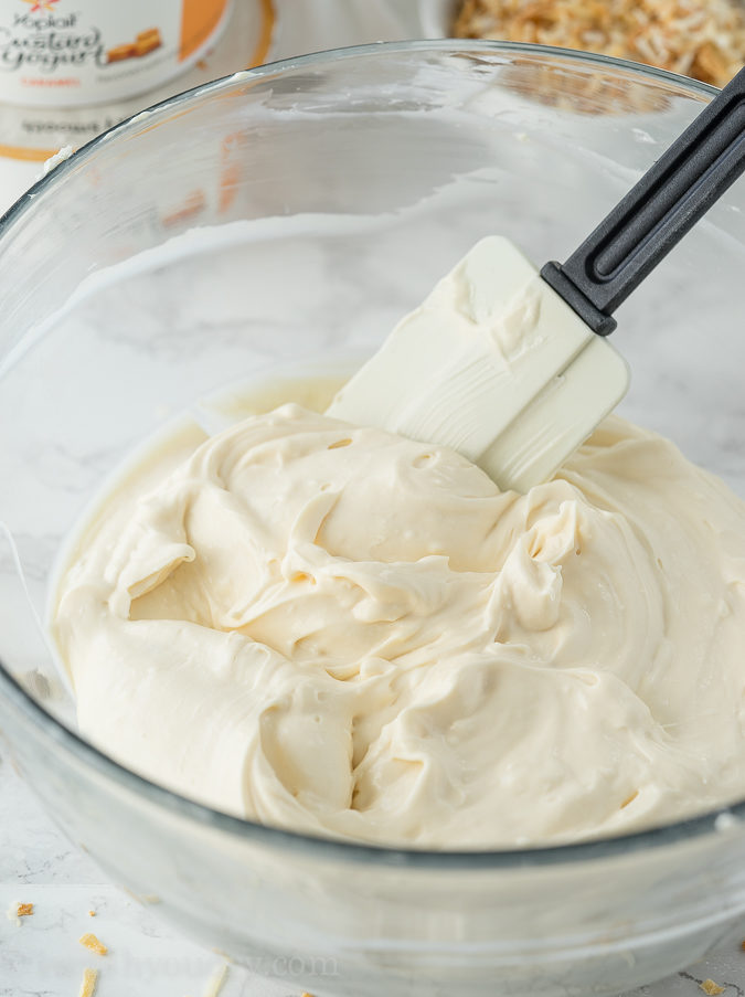 OH MY GOSH!! This Coconut Chocolate Caramel Cookie Dip is SO GOOD with graham cracker sticks! The Yoplait Custard yogurt in the dip really makes this recipe amazing!