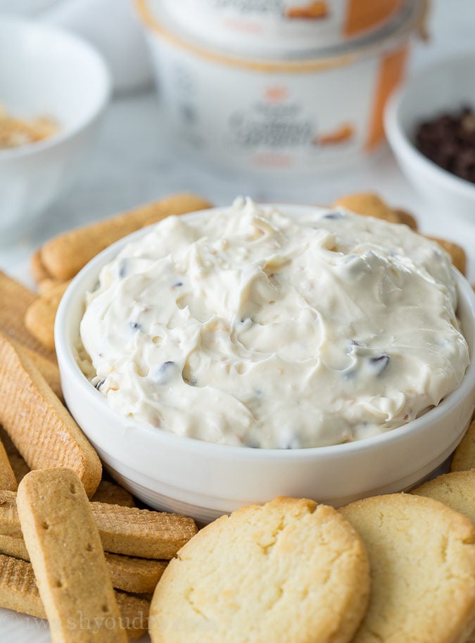 OH MY GOSH!! This Coconut Chocolate Caramel Cookie Dip is SO GOOD with graham cracker sticks! The Yoplait Custard yogurt in the dip really makes this recipe amazing!