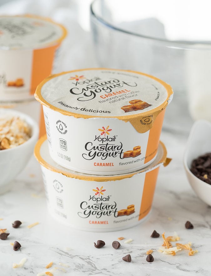 OH MY GOSH!! This Coconut Chocolate Caramel Cookie Dip is SO GOOD with graham cracker sticks! The Yoplait Custard yogurt in the dip really makes this recipe amazing!