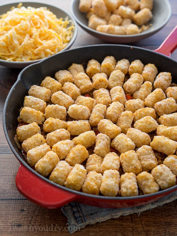 Comfort food and convenience come together in this super easy Sloppy Jo Tater Tot Skillet recipe! My whole family loved this one!