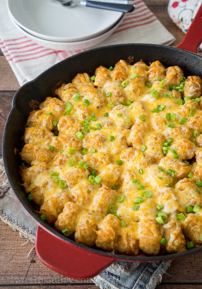 Comfort food and convenience come together in this super easy Sloppy Jo Tater Tot Skillet recipe! My whole family loved this one!
