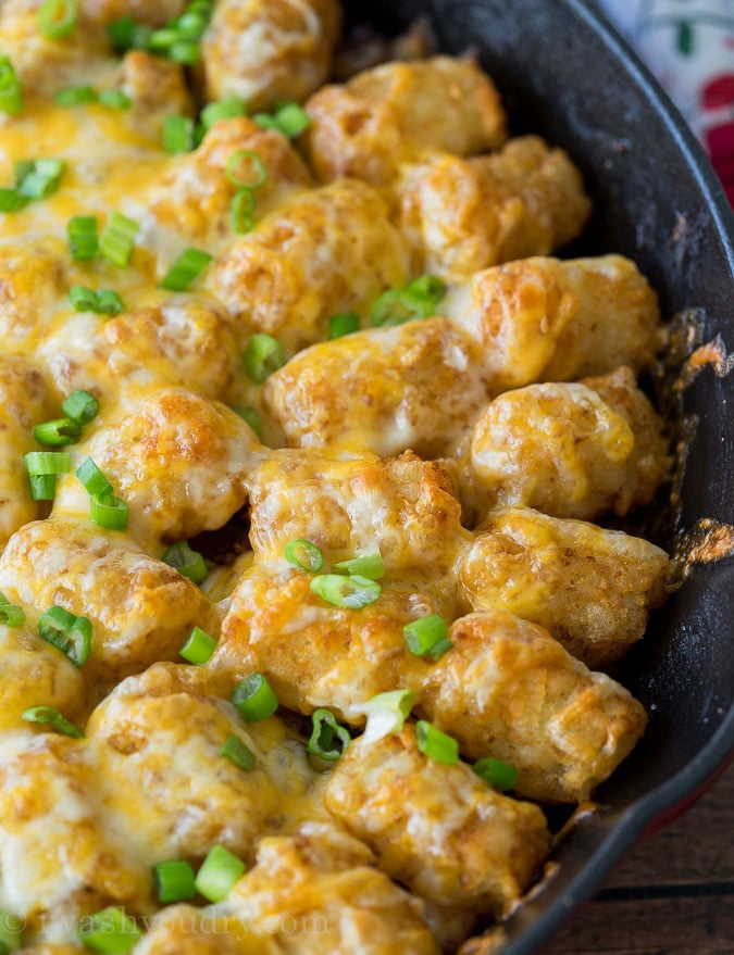 Comfort food and convenience come together in this super easy Sloppy Joe Tater Tot Skillet recipe! My whole family loved this one!