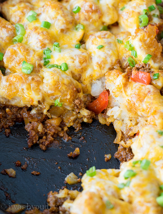 Comfort food and convenience come together in this super easy Sloppy Jo Tater Tot Skillet recipe! My whole family loved this one!