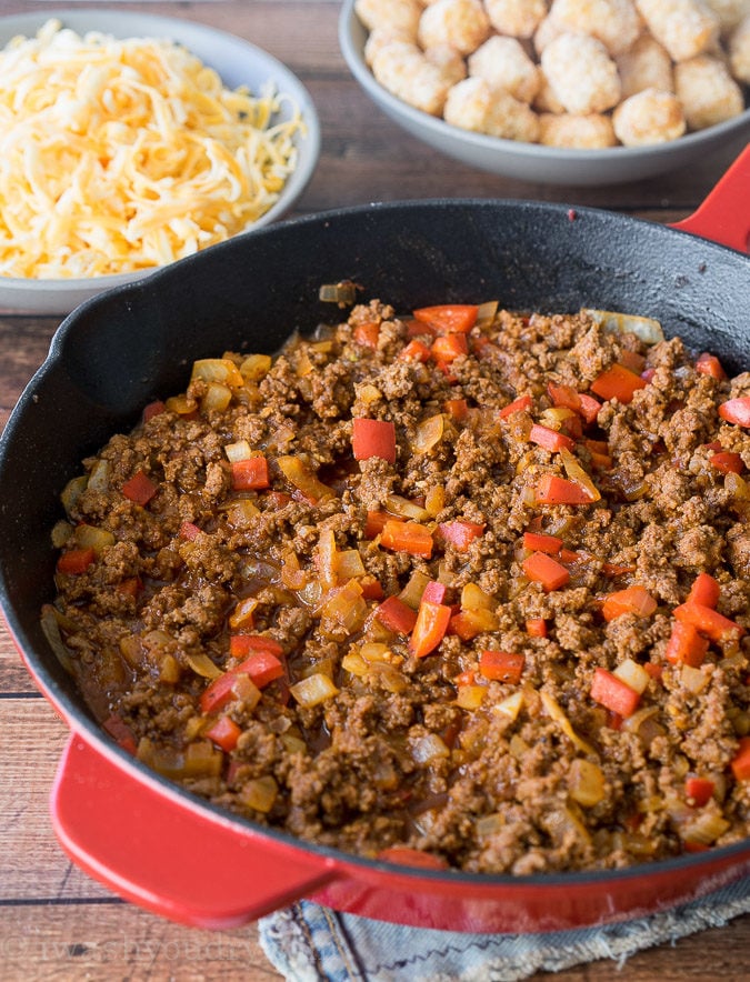 Comfort food and convenience come together in this super easy Sloppy Joe Tater Tot Skillet recipe! My whole family loved this one!