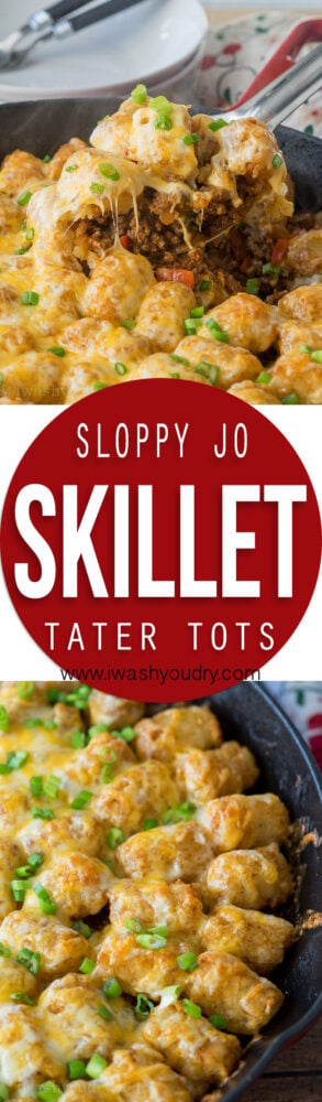 Comfort food and convenience come together in this super easy Sloppy Jo Tater Tot Skillet recipe! My whole family loved this one!