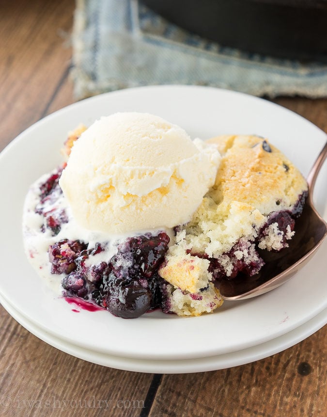 This Triple Berry Cobbler recipe is just 5 ingredients and made in just one skillet! The perfect easy dessert thanks to the Martha White muffin mix!