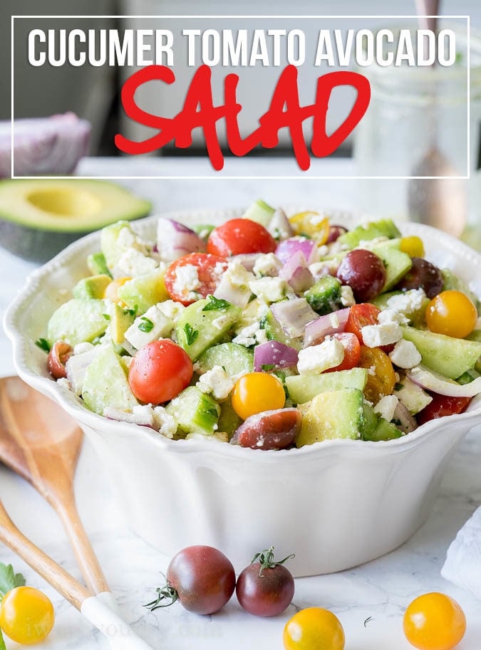This Cucumber Tomato Avocado Salad is filled with crunchy cucumbers, juicy tomatoes and creamy avocado in a super simple dressing that makes it a stand out at any pot luck or gathering!