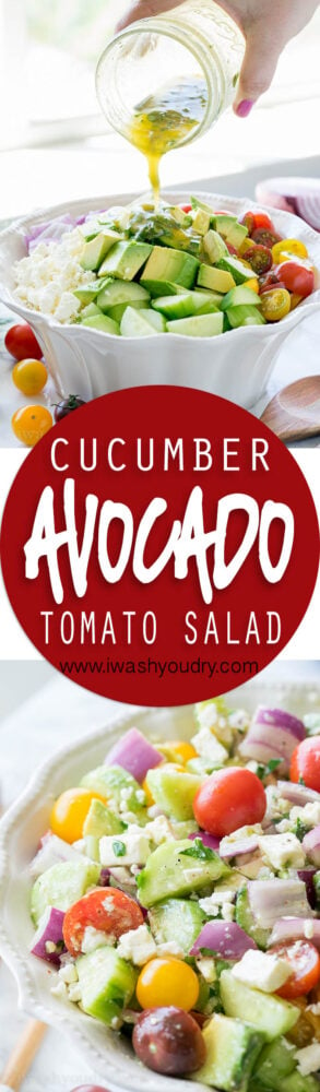 This Cucumber Tomato Avocado Salad is so fresh and delicious! I love the super simple dressing that it's tossed in!