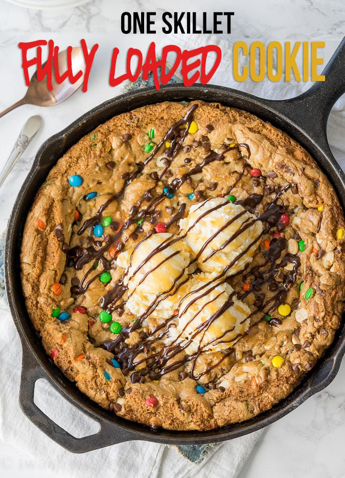 OMG! This One Skillet Fully Loaded Chocolate Chip Cookie recipe is insanely delicious and SUPER EASY to make too! No mixing bowls required for this one!