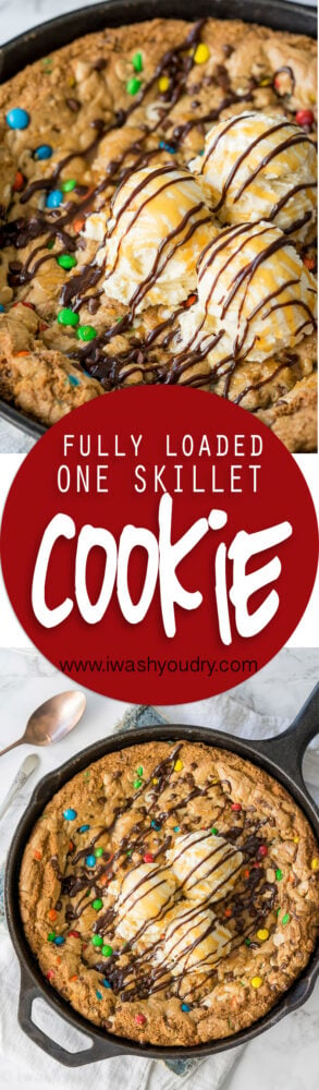 OMG! This One Skillet Fully Loaded Chocolate Chip Cookie recipe is insanely delicious and SUPER EASY to make too! No mixing bowls required for this one!