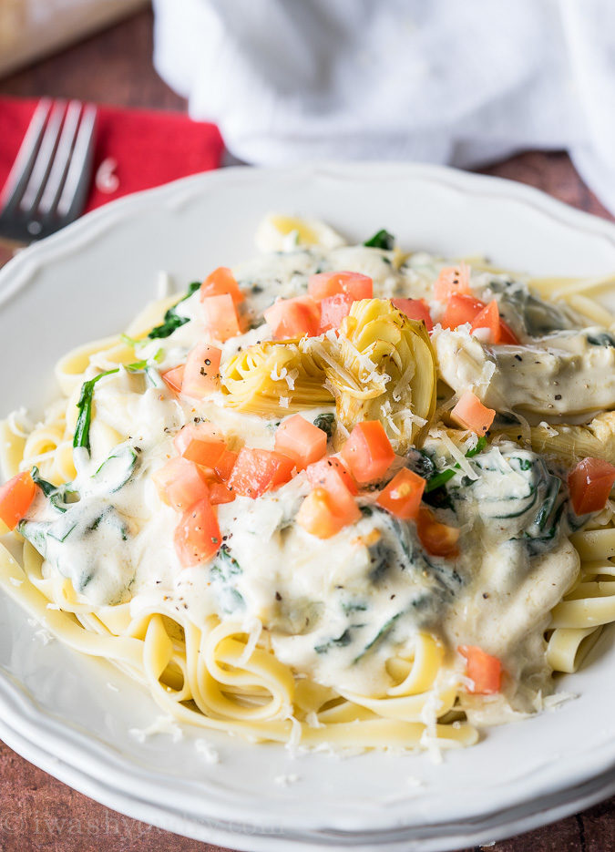 WOW! My whole family LOVED this Spinach Artichoke Fettuccine Alfredo! I mixed the sauce and noodles together and baked the leftovers with mozzarella on top! So good!