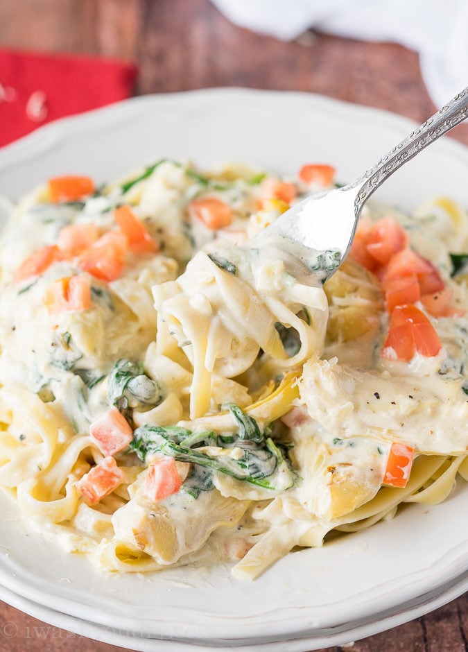 WOW! My whole family LOVED this Spinach Artichoke Fettuccine Alfredo! I mixed the sauce and noodles together and baked the leftovers with mozzarella on top! So good!