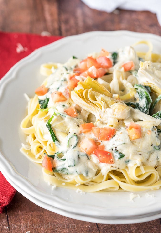 WOW! My whole family LOVED this Spinach Artichoke Fettuccine Alfredo! I mixed the sauce and noodles together and baked the leftovers with mozzarella on top! So good!