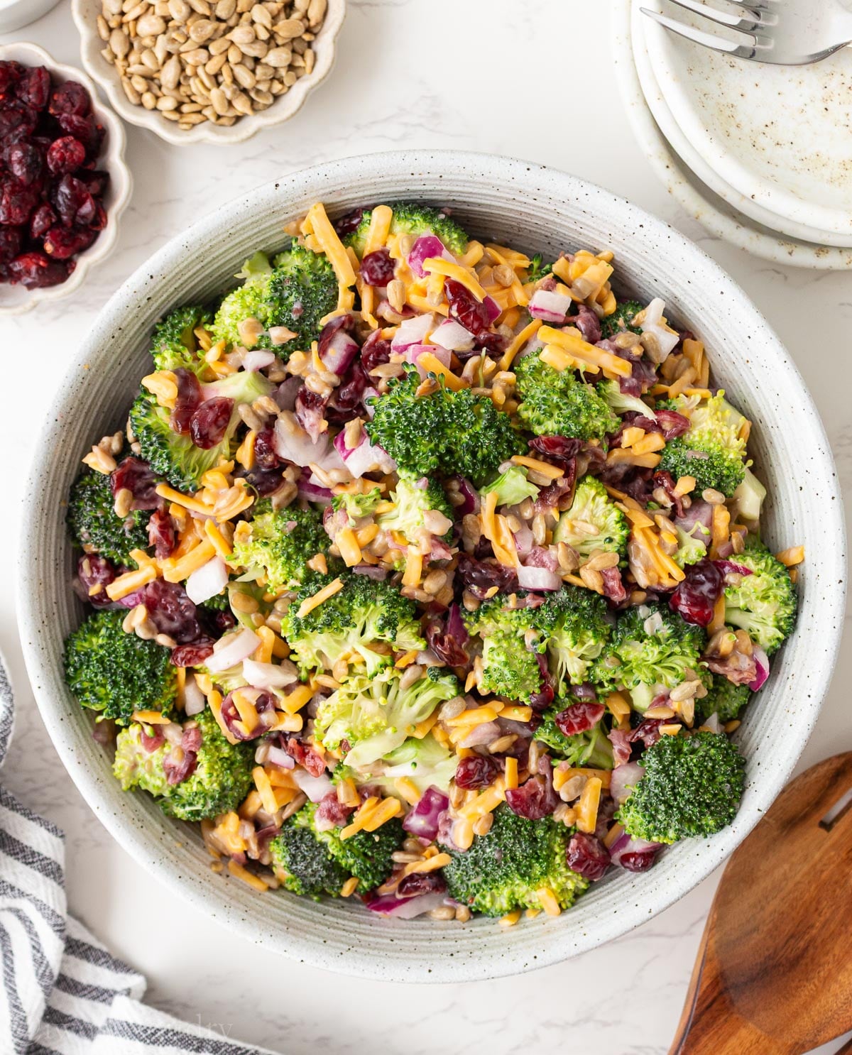deli broccoli salad in bowl with cheddar cheese and craisins.