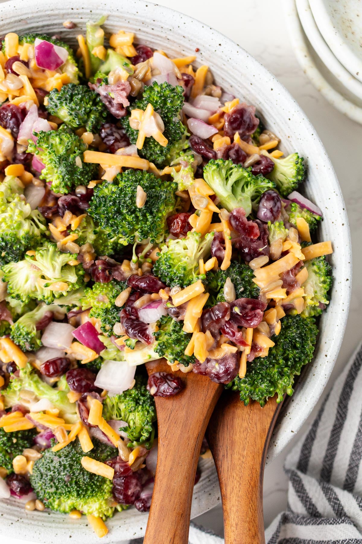 broccoli, cheddar cheese and cranberries in a creamy dressing in a white bowl with wooden spoon inside.