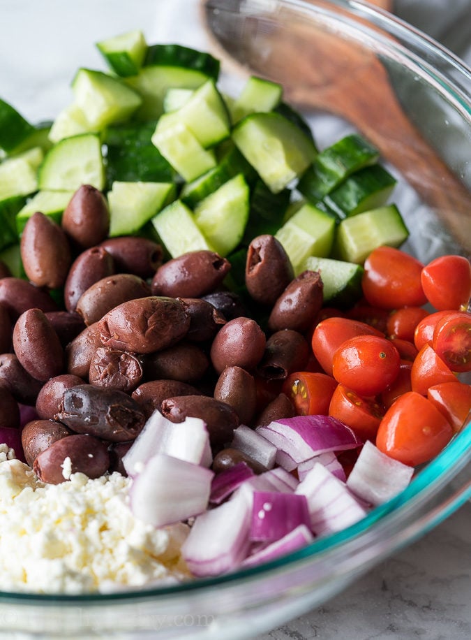 This Greek Pasta Salad is full of fresh veggies and tender pasta with a delicious dressing that just takes a few ingredients!