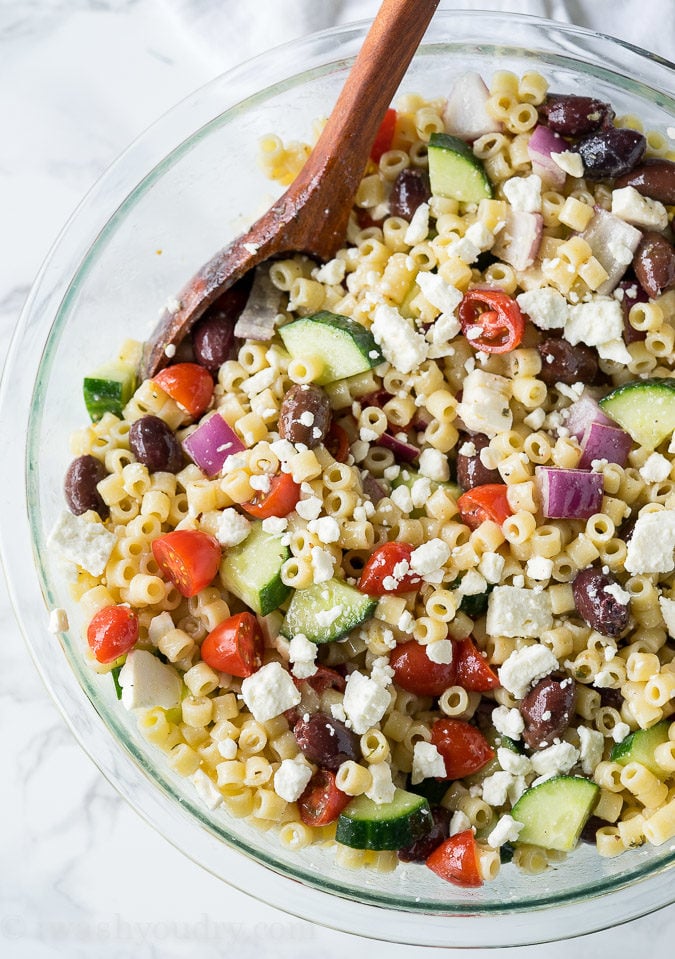 This Greek Pasta Salad is full of fresh veggies and tender pasta with a delicious dressing that just takes a few ingredients!