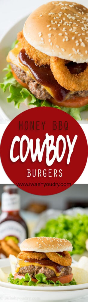 These Honey BBQ Cowboy Burgers are thick and juicy hamburger patties that are topped with cheese, Sweet Baby Ray's Honey BBQ Sauce and crispy onion rings. It's a party in your mouth!