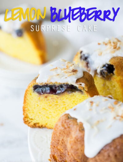 This Lemon Blueberry Surprise Cake is deliciously moist and filled with a surprise blueberry filling! It's so easy to make too!