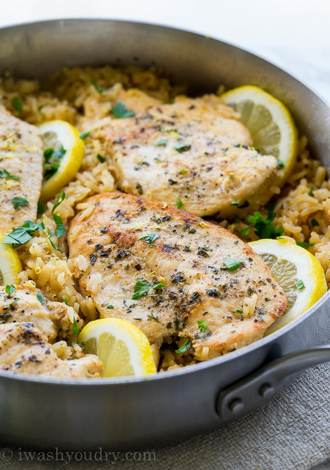 This Lemon Chicken Rice Skillet is all made in ONE PAN and is a super easy and delicious weeknight dinner recipe!