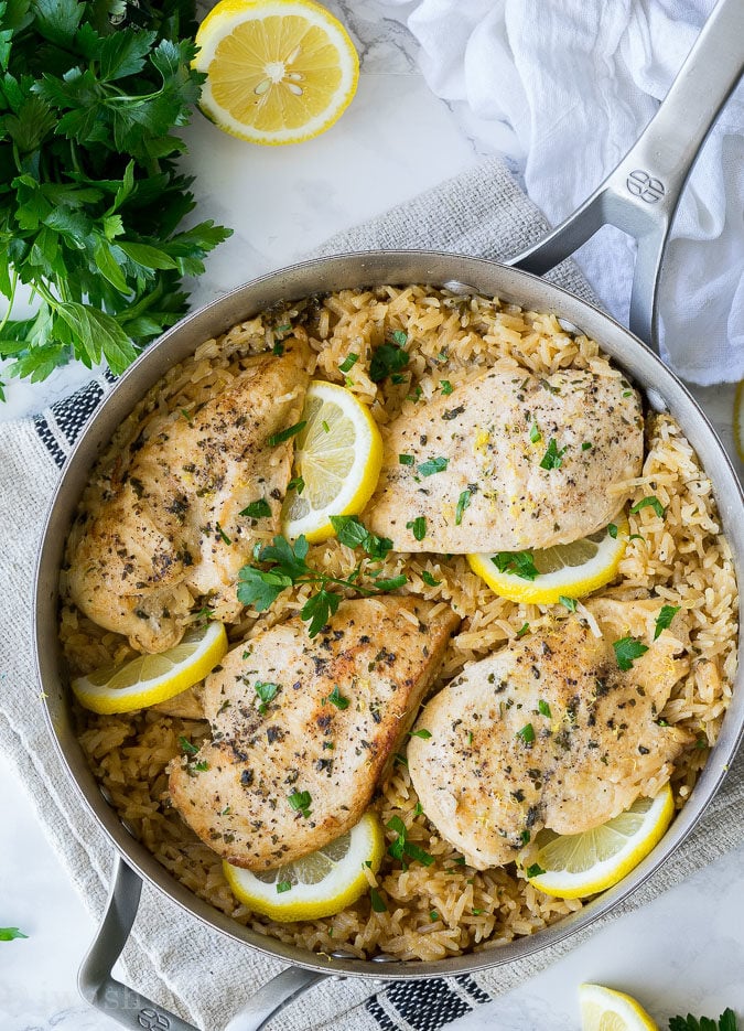 This Lemon Chicken Rice Skillet is all made in ONE PAN and is a super easy and delicious weeknight dinner recipe!