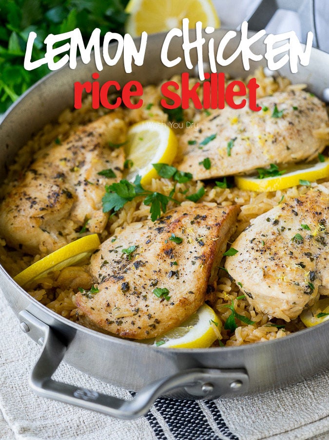 This Lemon Chicken Rice Skillet is all made in ONE PAN and is a super easy and delicious weeknight dinner recipe!