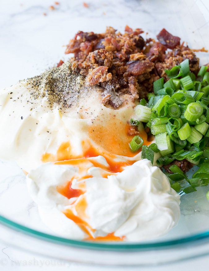 The dressing for this Loaded Baked Potato Salad is so simple and flavorful! Love it!
