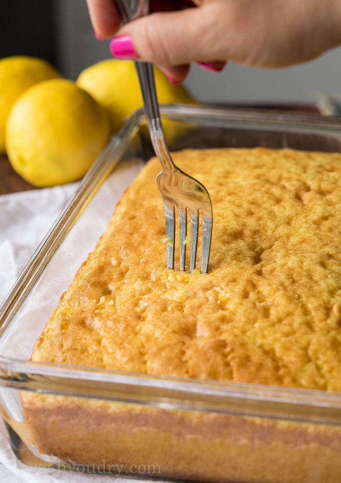 Poke holes all over this Lemon Cake to let the lemonade flavor seep in!