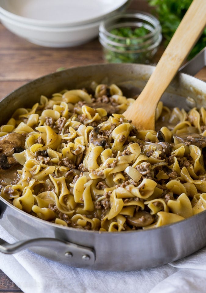 Just before the One Skillet Ground Beef and Stroganoff is finished cooking you add in the special ingredient to make it extra creamy!