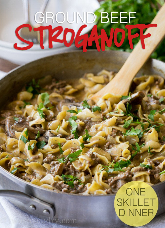 This One Skillet Ground Beef Stroganoff is a quick weeknight dinner recipe that my whole family loves!