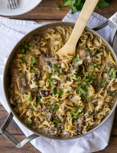 My whole family LOVED this One Skillet Ground Beef Stroganoff! I loved how easy this dinner recipe was and clean up was a breeze!