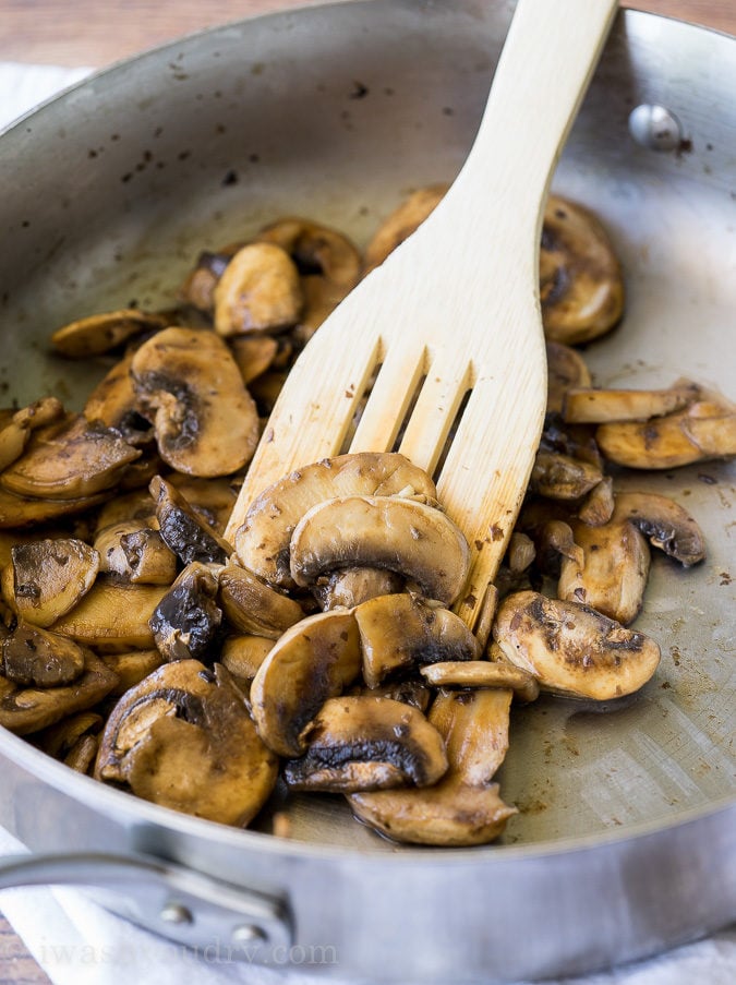 The base of this One Skillet Ground Beef Stroganoff starts with tender mushrooms.