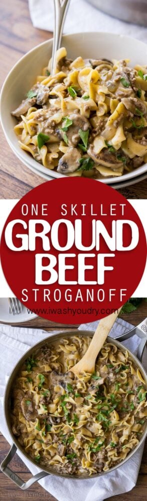 This One Skillet Ground Beef Stroganoff is a quick weeknight dinner recipe that my whole family loves!