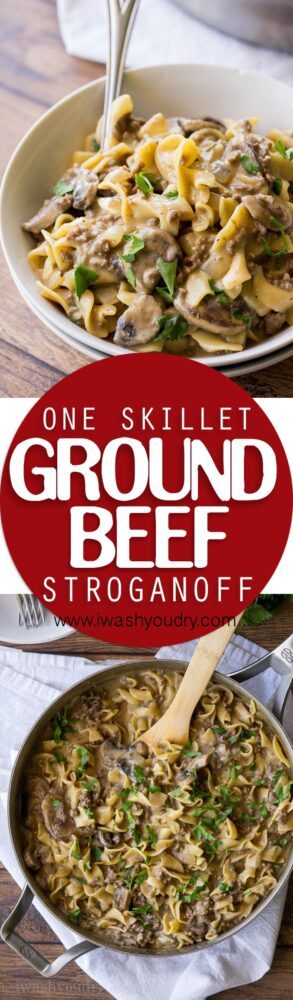 This One Skillet Ground Beef Stroganoff is a quick weeknight dinner recipe that my whole family loves!