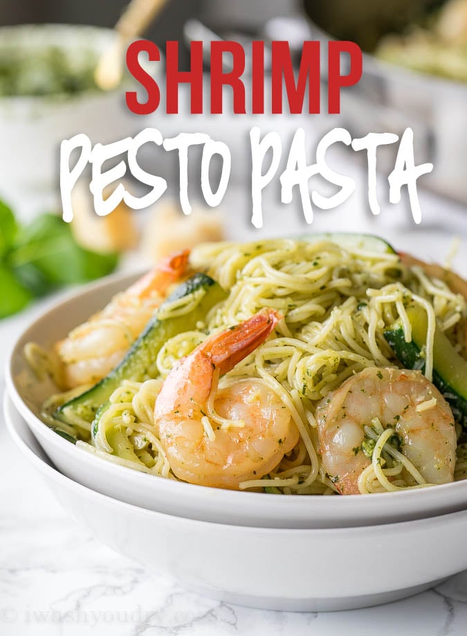 This super easy Shrimp with Pesto Pasta is an extremely flavorful dish that's filled with fresh zucchini, pasta, shrimp and parmesan cheese!