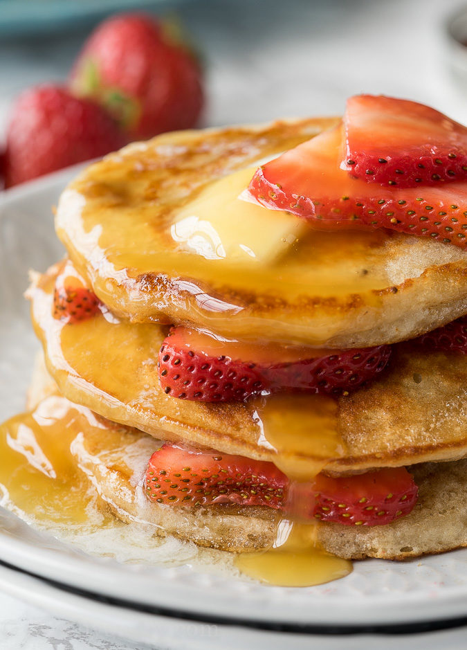 These Strawberry Greek Yogurt Pancakes are so light and fluffy and I love the extra protein from the greek yogurt!