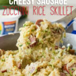 This Cheesy Sausage Zucchini Rice Skillet is a super quick dinner that's filled with everything my family loves, plus I get to sneak in some veggies!